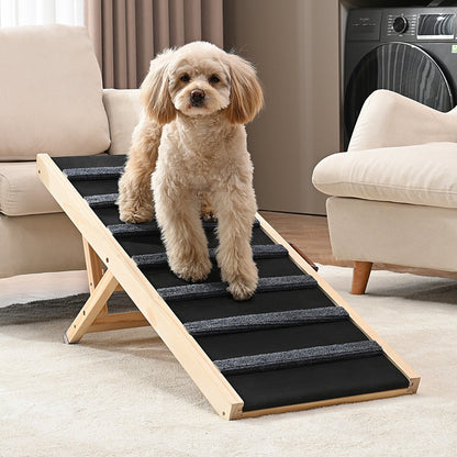 Dog standing on a pet ramp in a living room setting