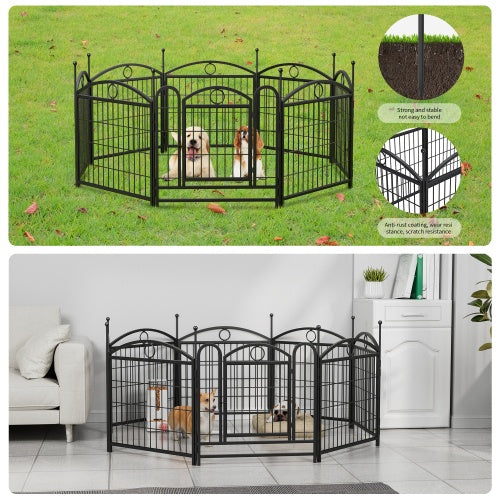 Black metal pet playpen with dogs inside, shown outdoors and indoors.