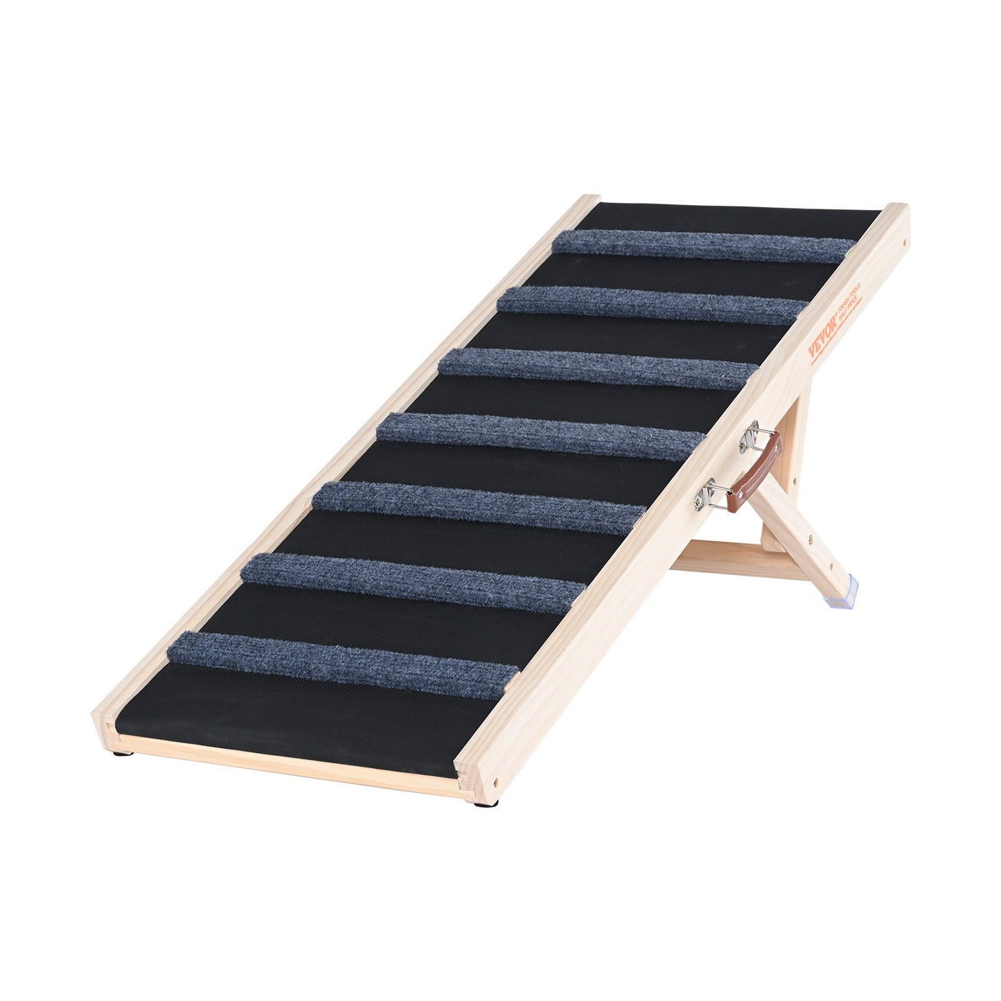 Pet ramp with black steps and wooden frame on a white background