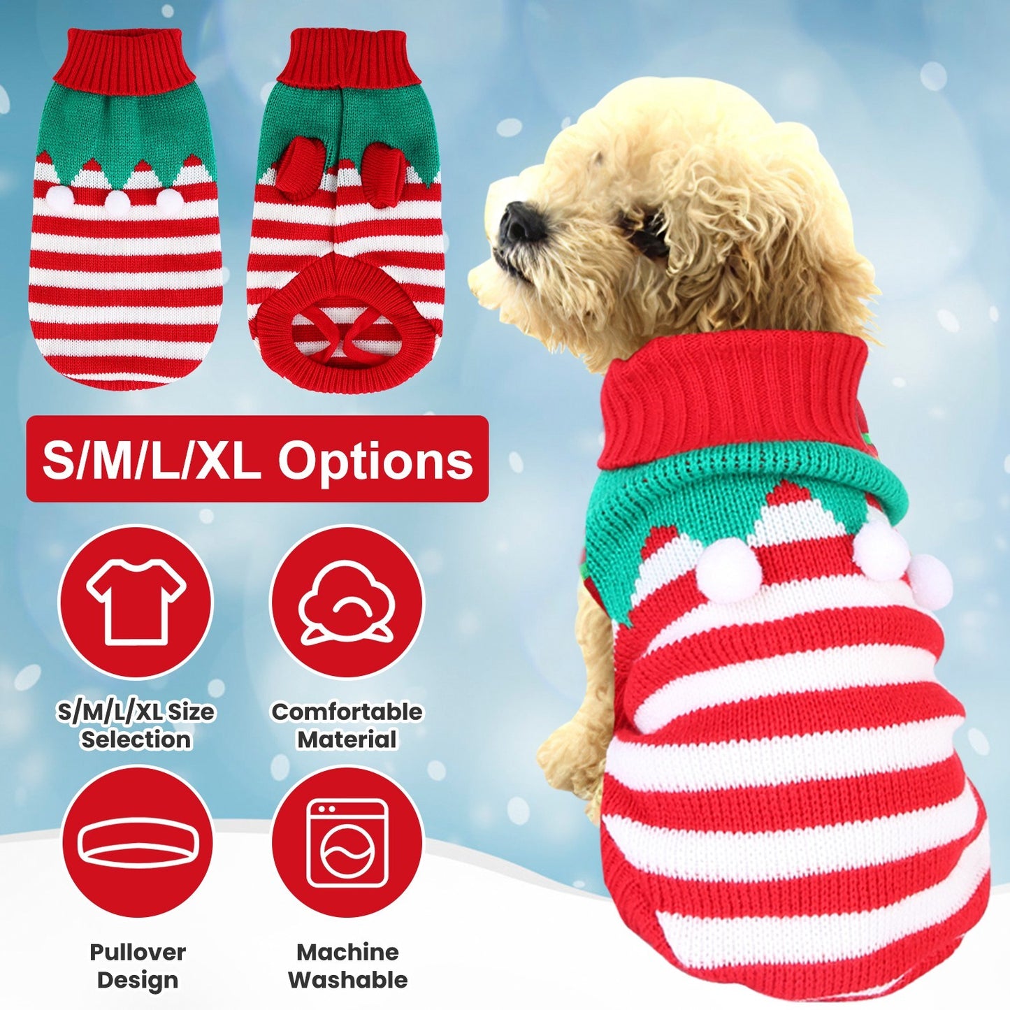 Dog wearing a red and green striped sweater with size options displayed on a snowy background.