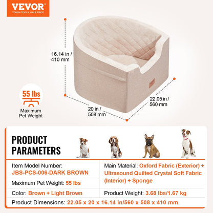 VEVOR Dog Booster Car Seat Pet Car Seat For Small Medium Dog Up To 55 Lbs Brown