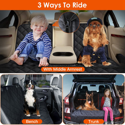 Car seat cover with multiple uses including a child, dog, and two dogs in different positions.