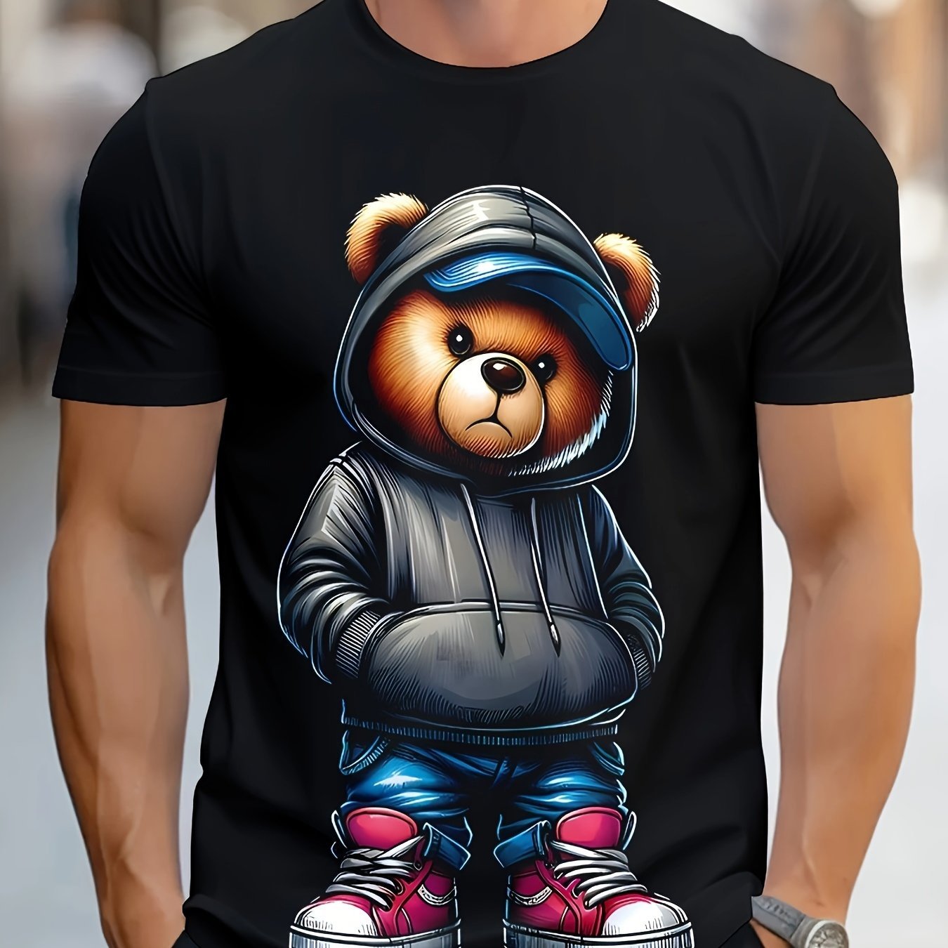 Black t-shirt with a bear wearing a hoodie and blue pants design.