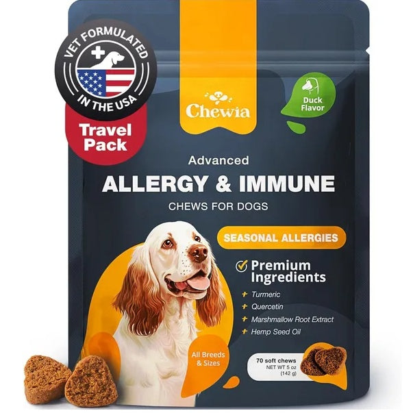 Packaging of Chewia Advanced Allergy & Immune Chews for dogs with a dog on the label.