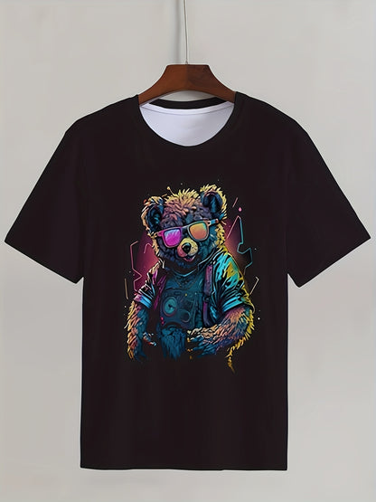 Black t-shirt with a colorful bear graphic on a hanger against a white background