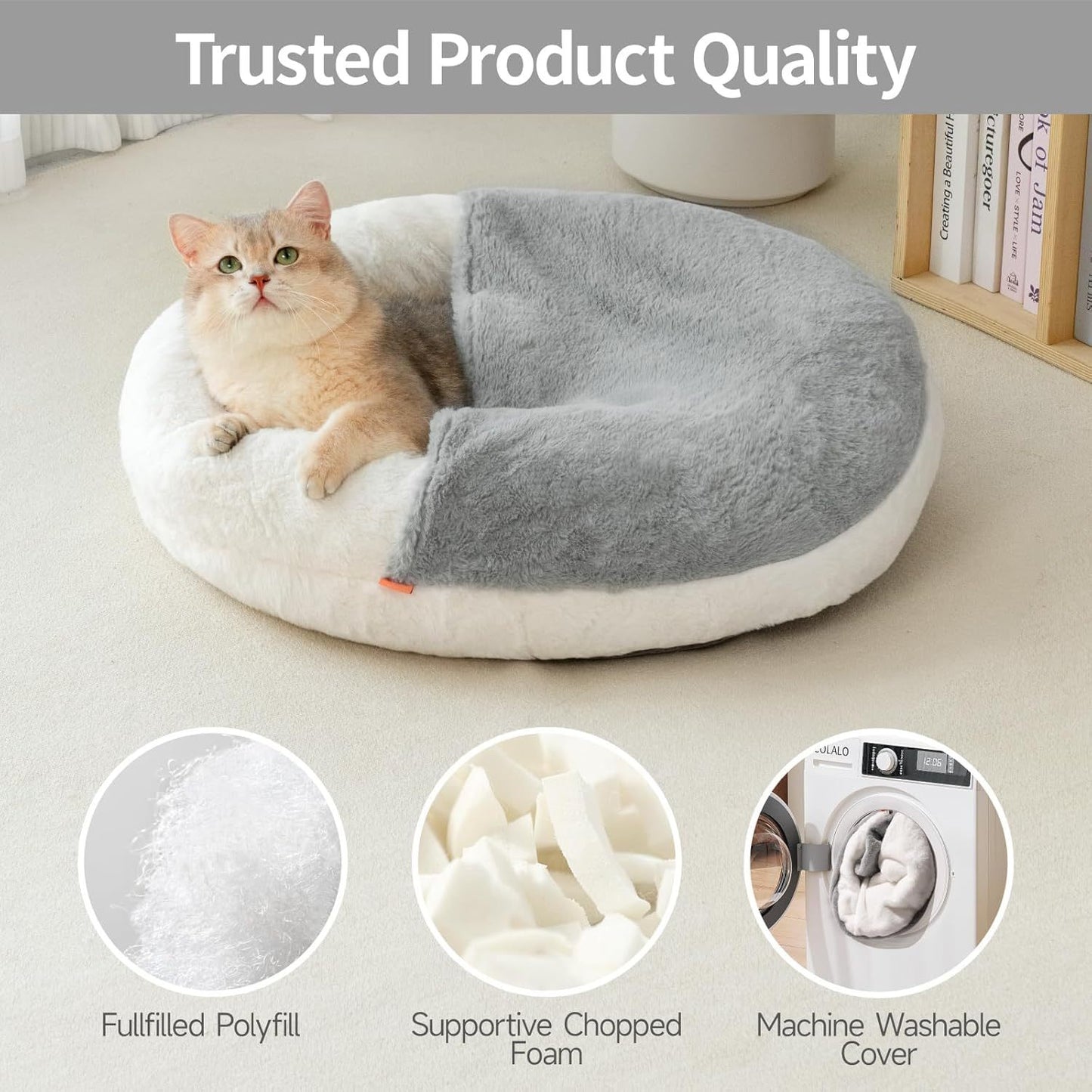 Cat lying on a plush pet bed with text 'Trusted Product Quality' and product features.