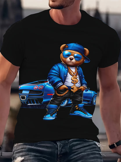 Black t-shirt with a bear graphic wearing sunglasses and a blue jacket in front of a blue car.