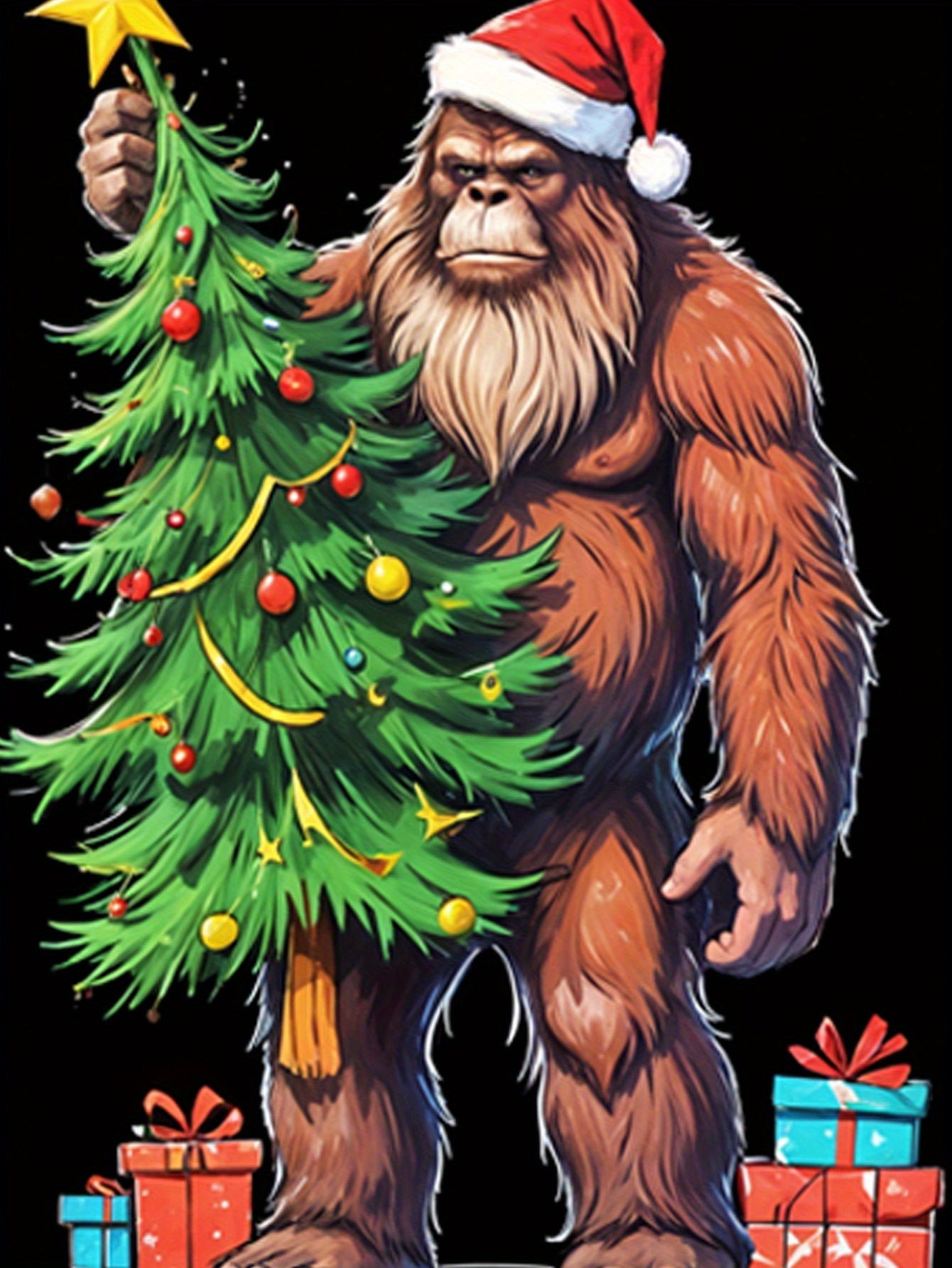 Illustration of a Sasquatch wearing a Santa hat holding a Christmas tree with presents underneath.