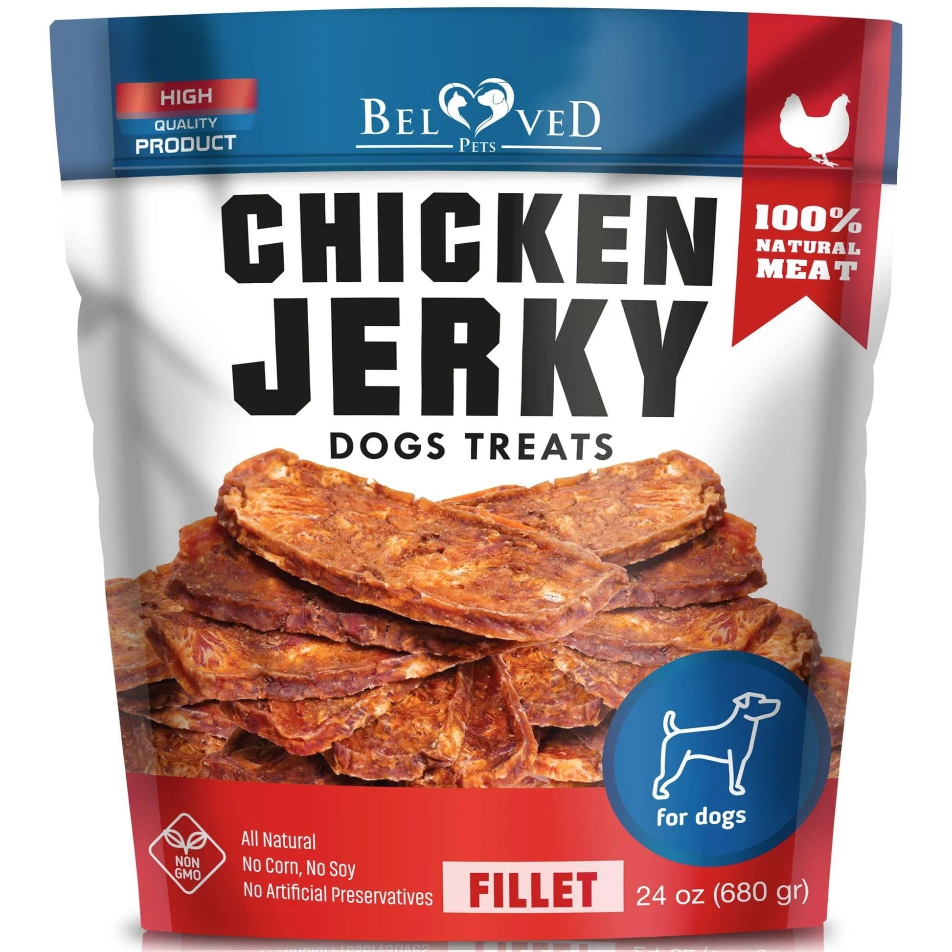 Package of Beloved Pets Chicken Jerky dogs treats with visible text and branding.