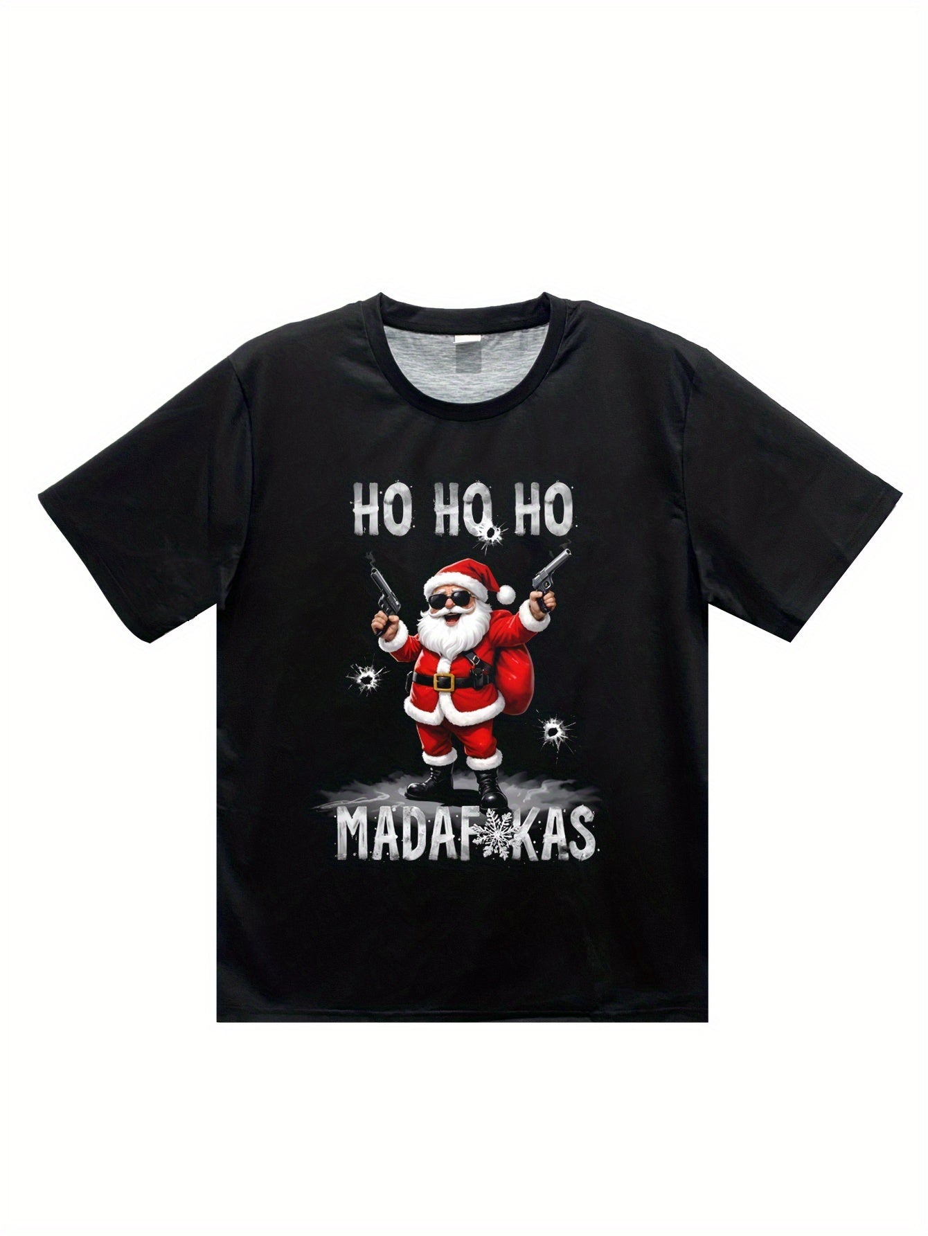 Black t-shirt with a graphic of Santa Claus and text on a white background