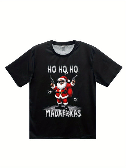 Black t-shirt with a graphic of Santa Claus and text on a white background