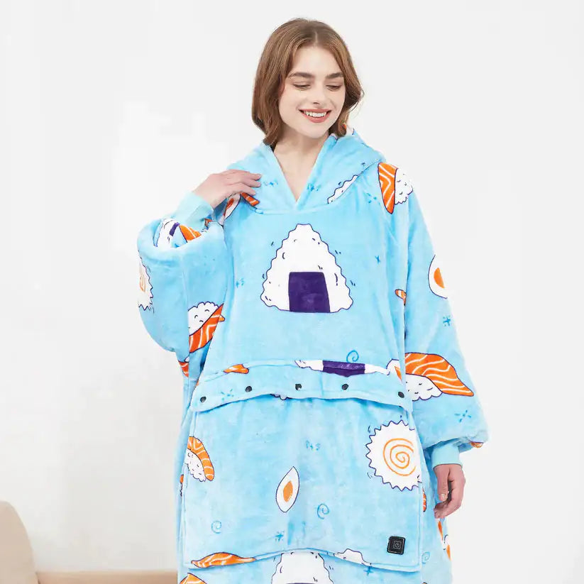 Person wearing a blue cartoon-themed robe with various designs on a white background