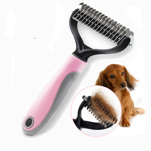 Pet grooming brush with pink handle and metal teeth, shown with a dog and close-up inset.