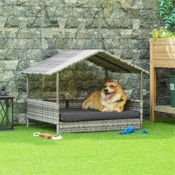 Dog lying on a wicker pet house with a stone wall background
