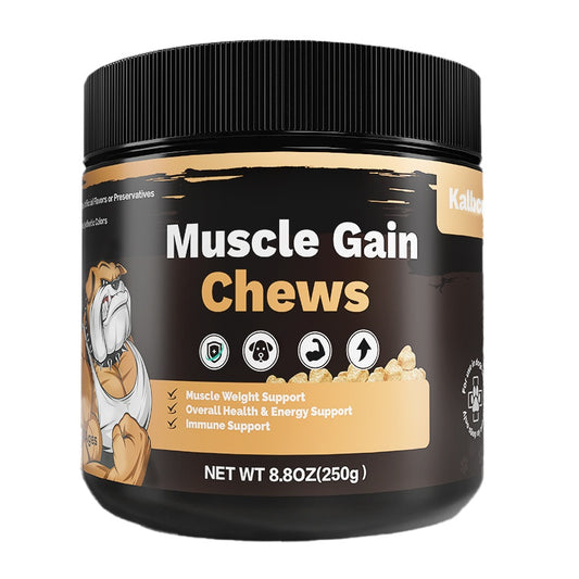 Container of Muscle Gain Chews with a black lid on a white background