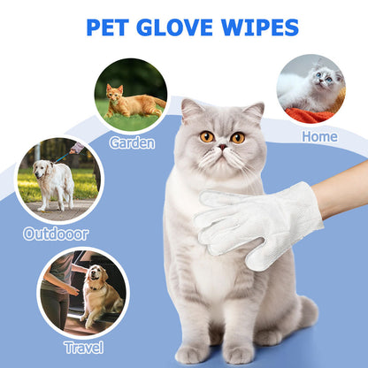 Pet glove wipes with a cat and various pet usage scenarios on a blue background