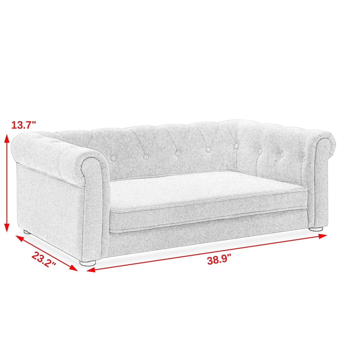 Gray sofa with dimensions marked on a white background