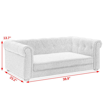 Gray sofa with dimensions marked on a white background