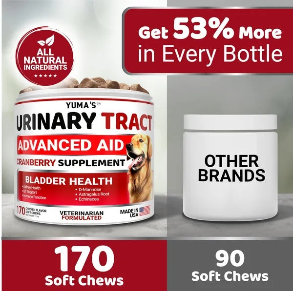 Yuma's Urinary Tract Advanced Aid supplement for dogs with a comparison to 'Other Brands' on a gray background.