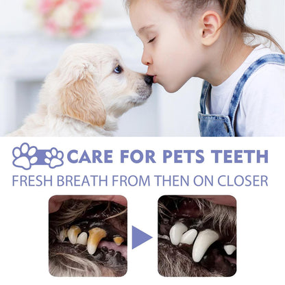 Child kissing a puppy with text about pet tooth care and fresh breath.