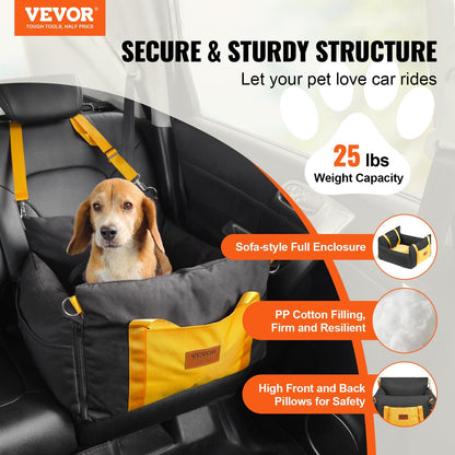 Pet car seat with VEVOR branding and features highlighted on a car seat background.