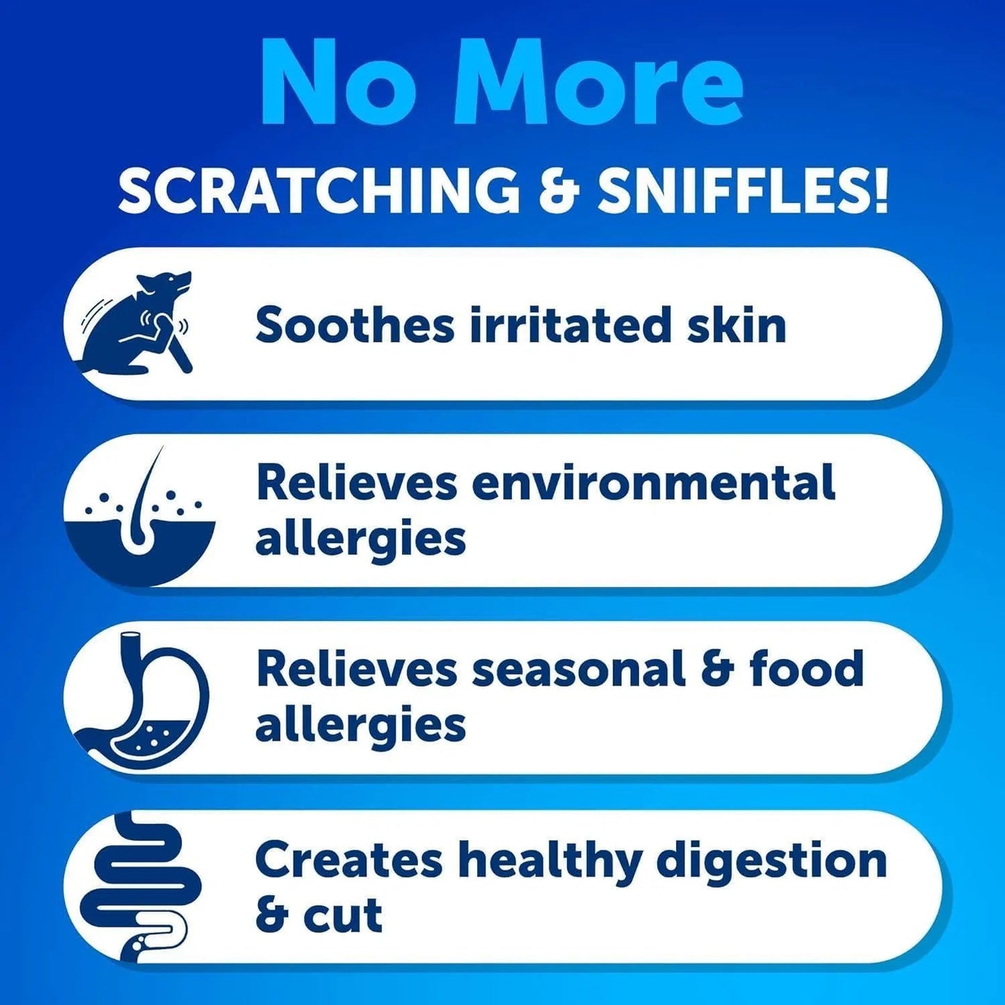 Product advertisement with text 'No More Scratching & Sniffles!' on a blue background.
