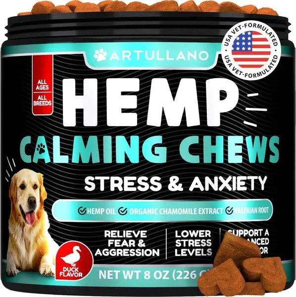 Container of Artullano Hemp Calming Chews for dogs with a picture of a dog on the label.