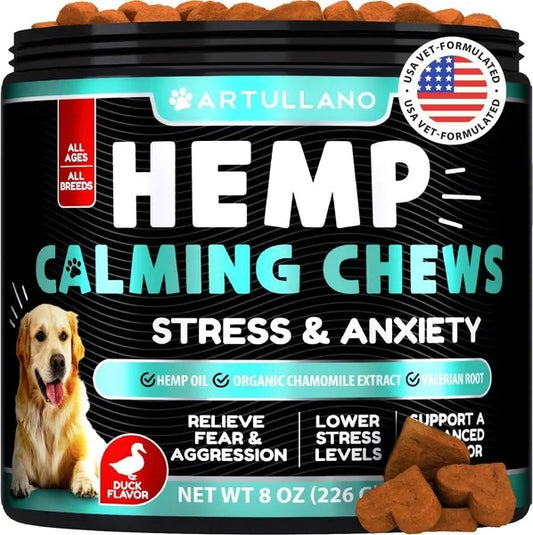Container of Artullano Hemp Calming Chews for dogs with a picture of a dog on the label.