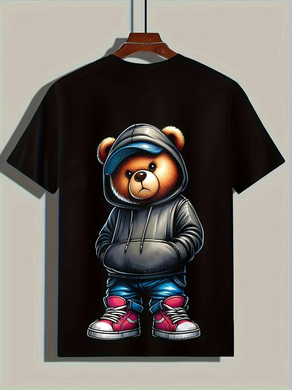 Black t-shirt with a bear graphic in a hoodie on a beige background