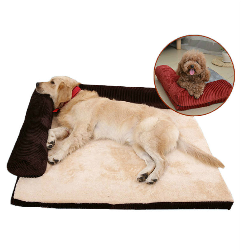 Two dogs on a large pet bed with a close-up inset of a smaller dog on a red pet bed.