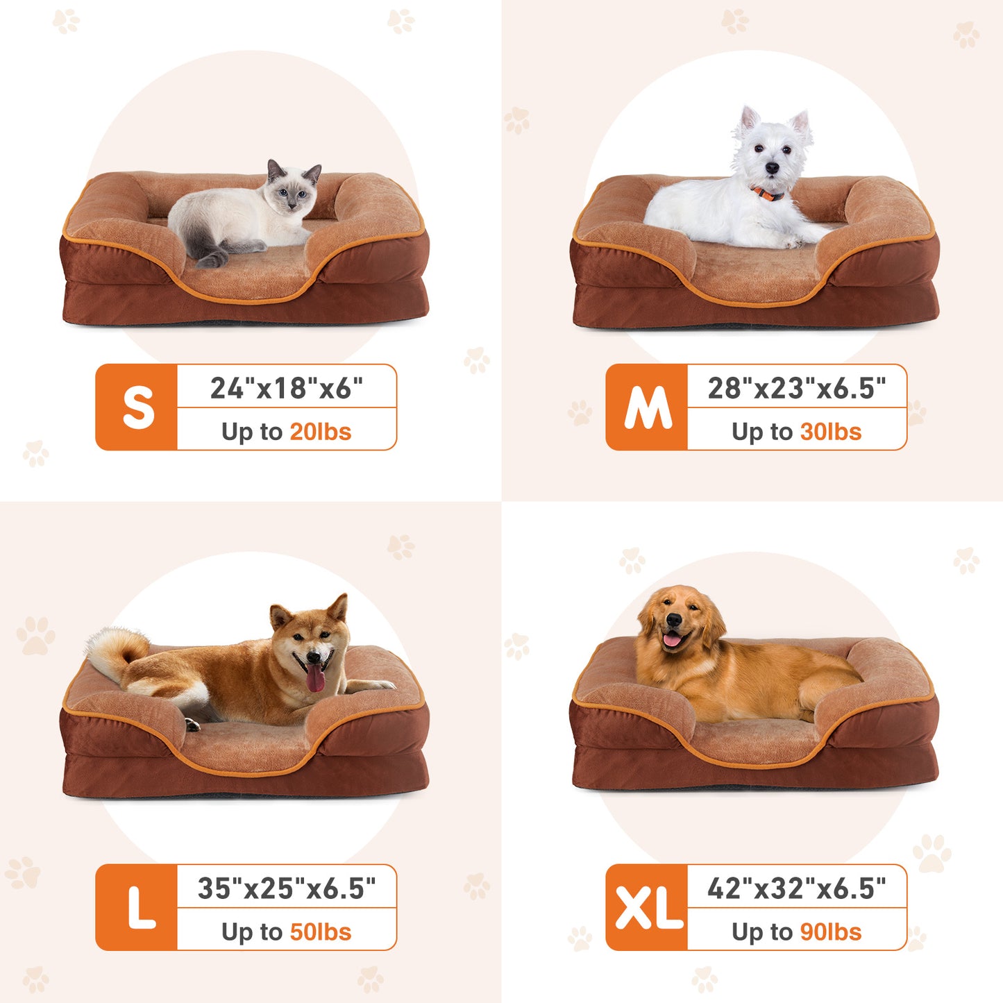 Four sizes of brown pet beds with dogs on a beige background