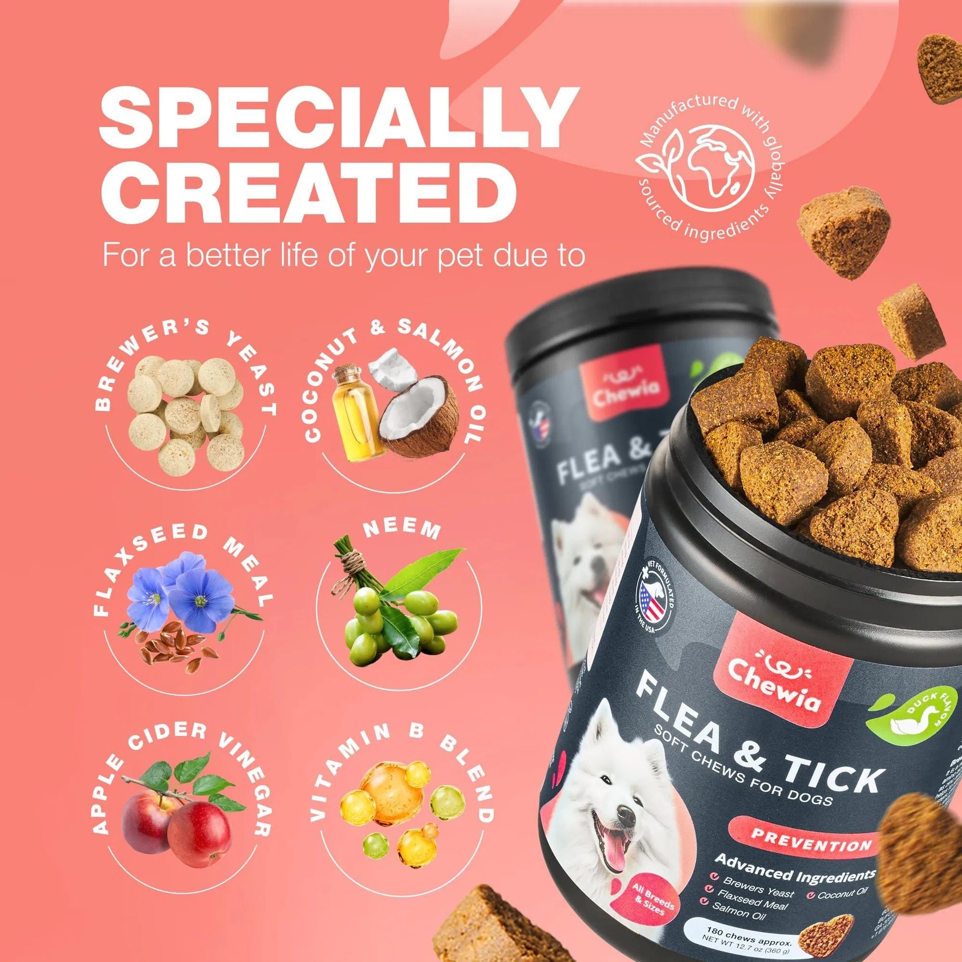 Dog food product with ingredients and benefits on a pink background