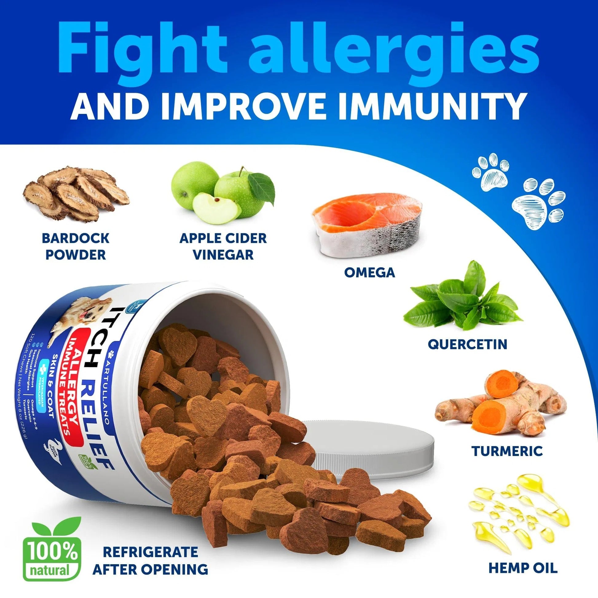 Dog allergy relief product with ingredients and health benefits on a blue background