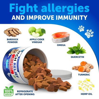 Dog allergy relief product with ingredients and health benefits on a blue background