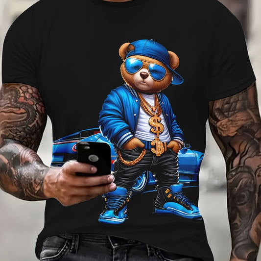 Black t-shirt with a bear graphic wearing sunglasses, a blue jacket, and holding a phone.