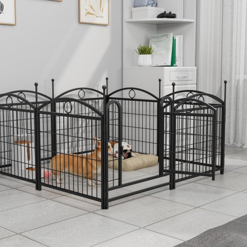 Black metal pet pen with a dog inside in a room setting.