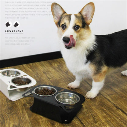 Dog standing next to a raised pet feeder with bowls on a wooden floor.