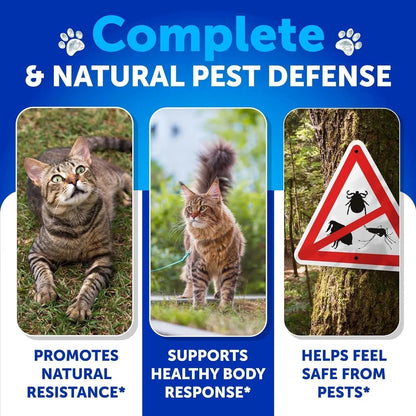 Advertisement for Complete Natural Pest Defense with images of cats and a pest sign on a blue background.