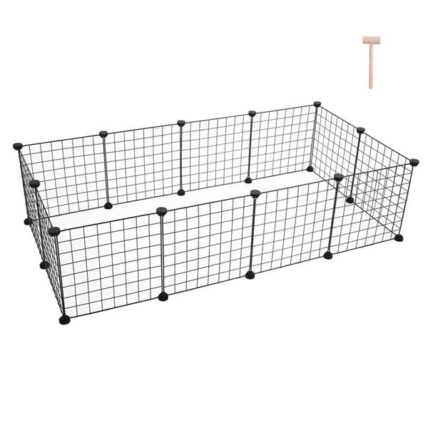 Black wire pet pen with wooden stand on a white background