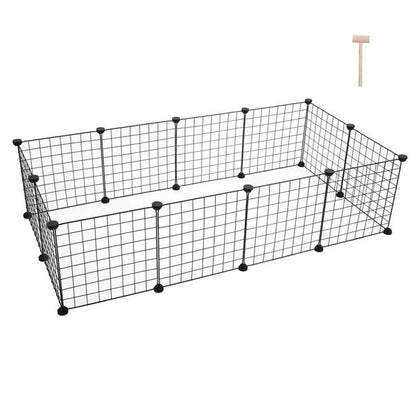 Black wire pet pen with wooden stand on a white background