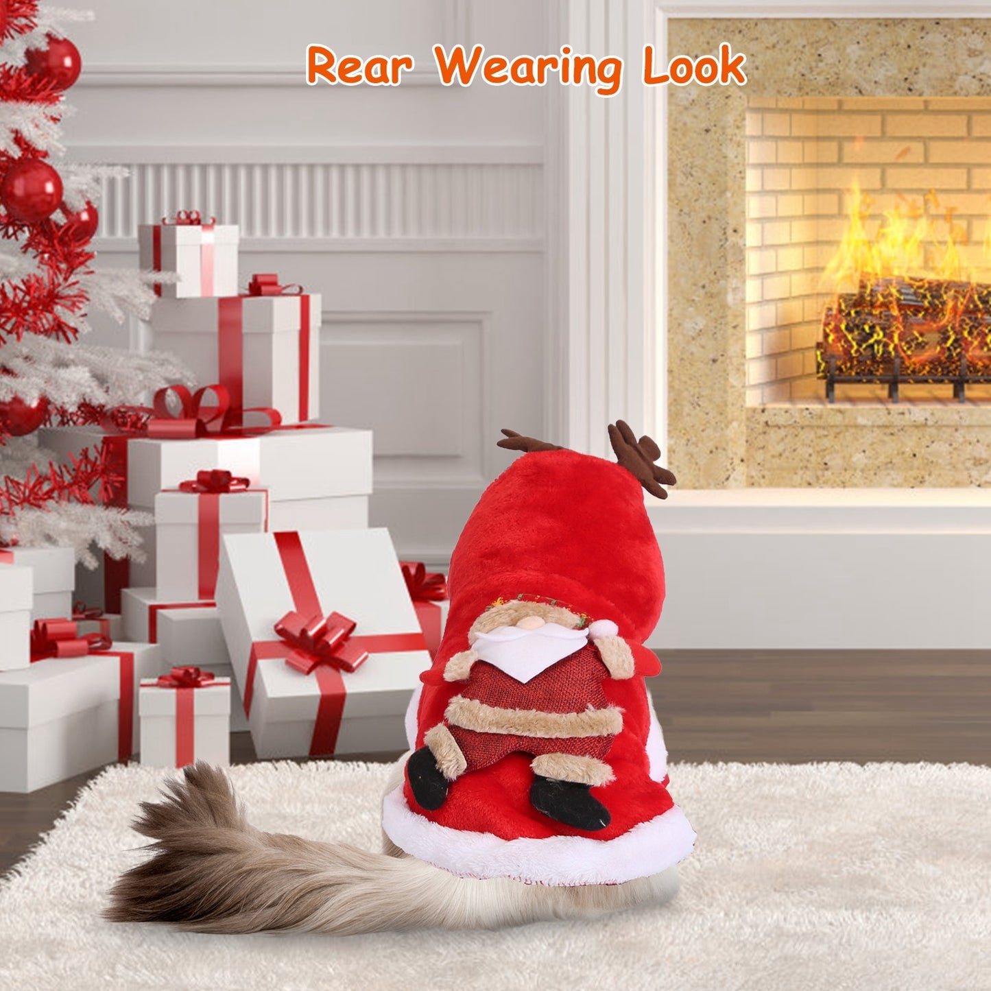Red Santa Claus figure with reindeer antlers in a festive room with Christmas tree and presents.