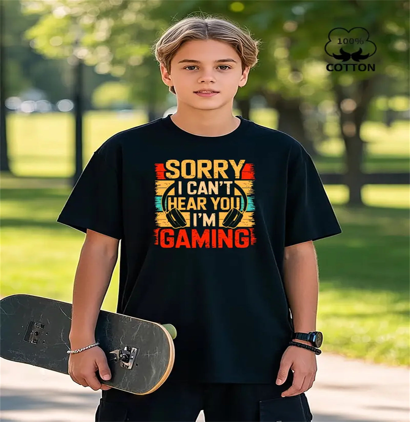Child wearing a black t-shirt with a gaming-themed design, holding a skateboard outdoors.