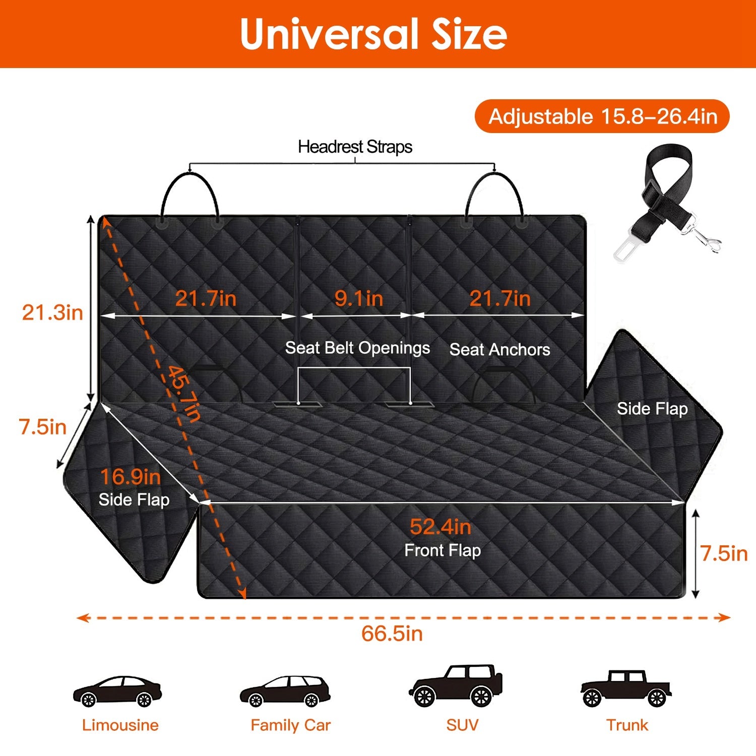 Measurement chart of a black car seat cover with dimensions and features.
