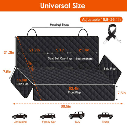 Measurement chart of a black car seat cover with dimensions and features.