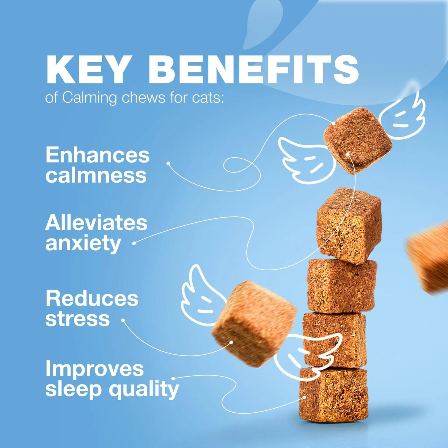 Key benefits of calming chews for cats on a blue background with stacked chew treats.
