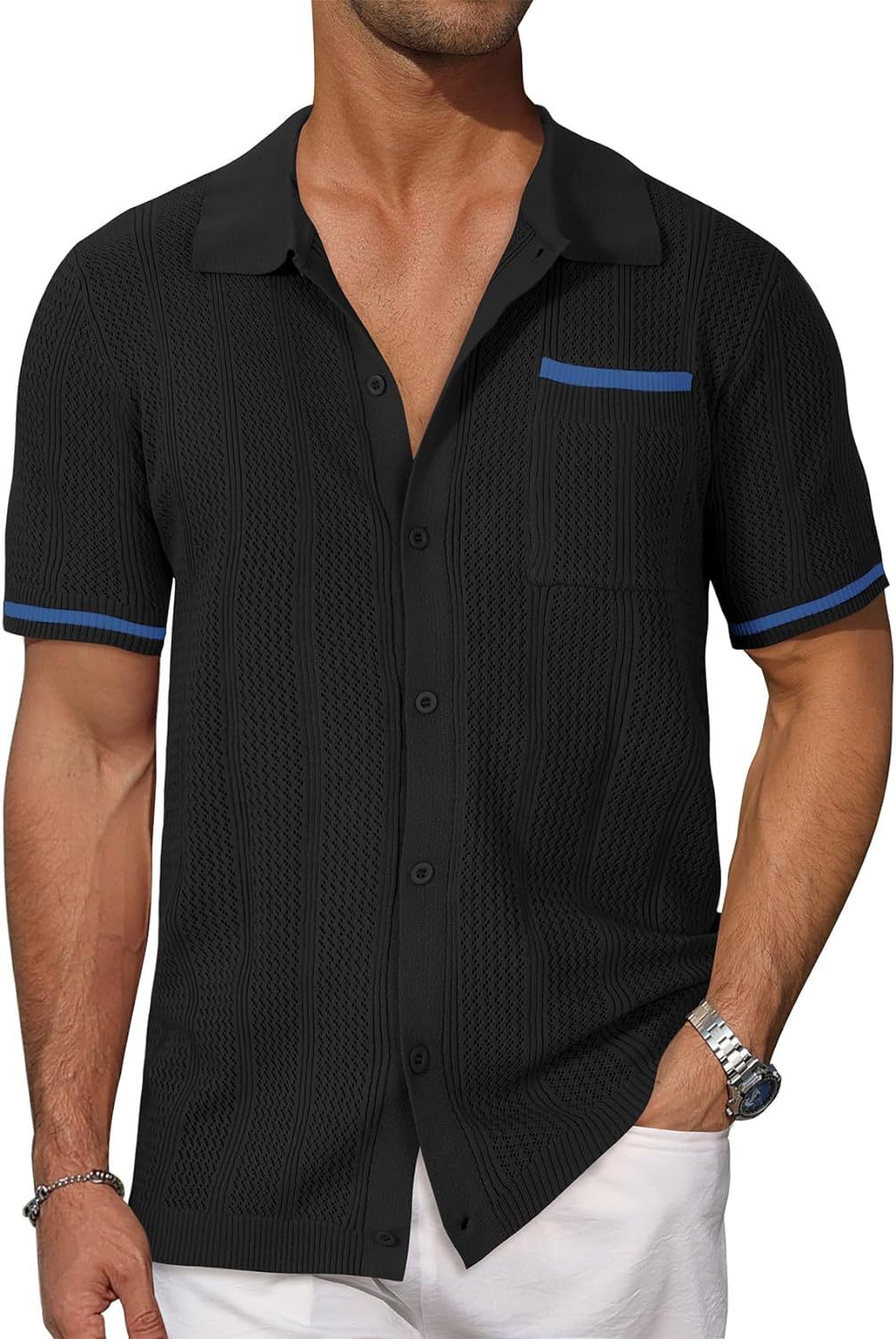 Black textured short-sleeve shirt with blue trim on a white background