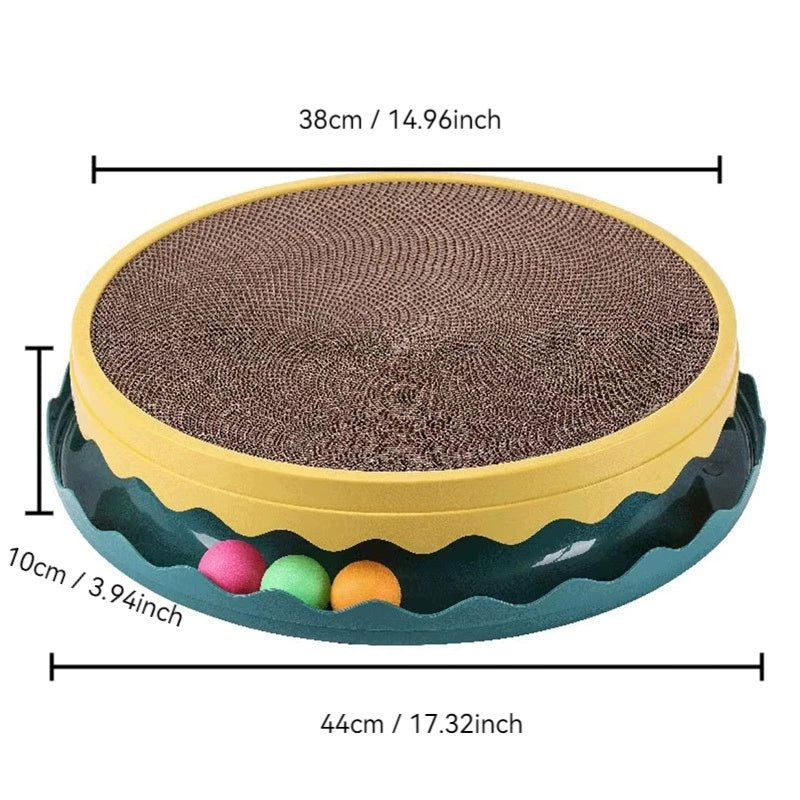 Round pet toy with textured surface and colorful balls, shown with measurements on a white background.