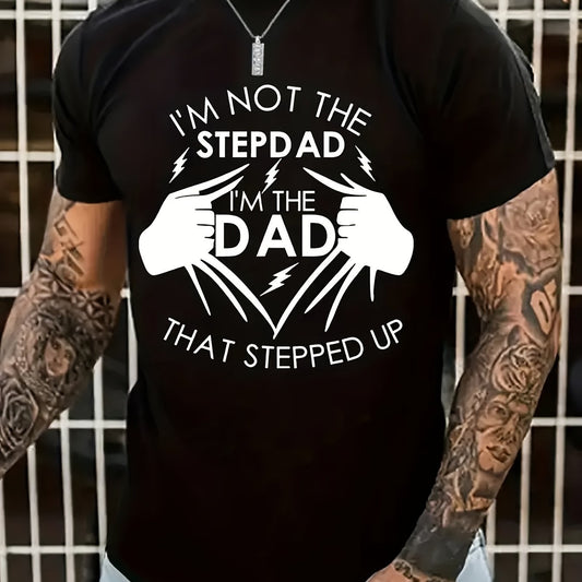 Black t-shirt with white text and graphic, worn by a person with tattoos.