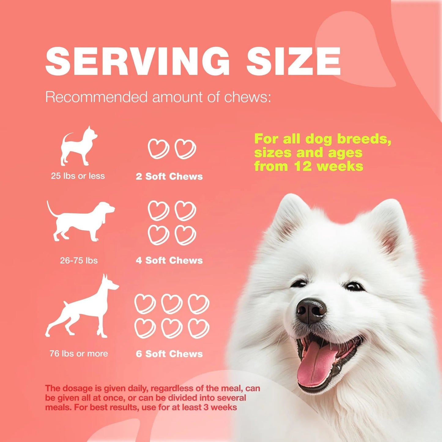 Dog chew serving size chart with a white dog on a pink background