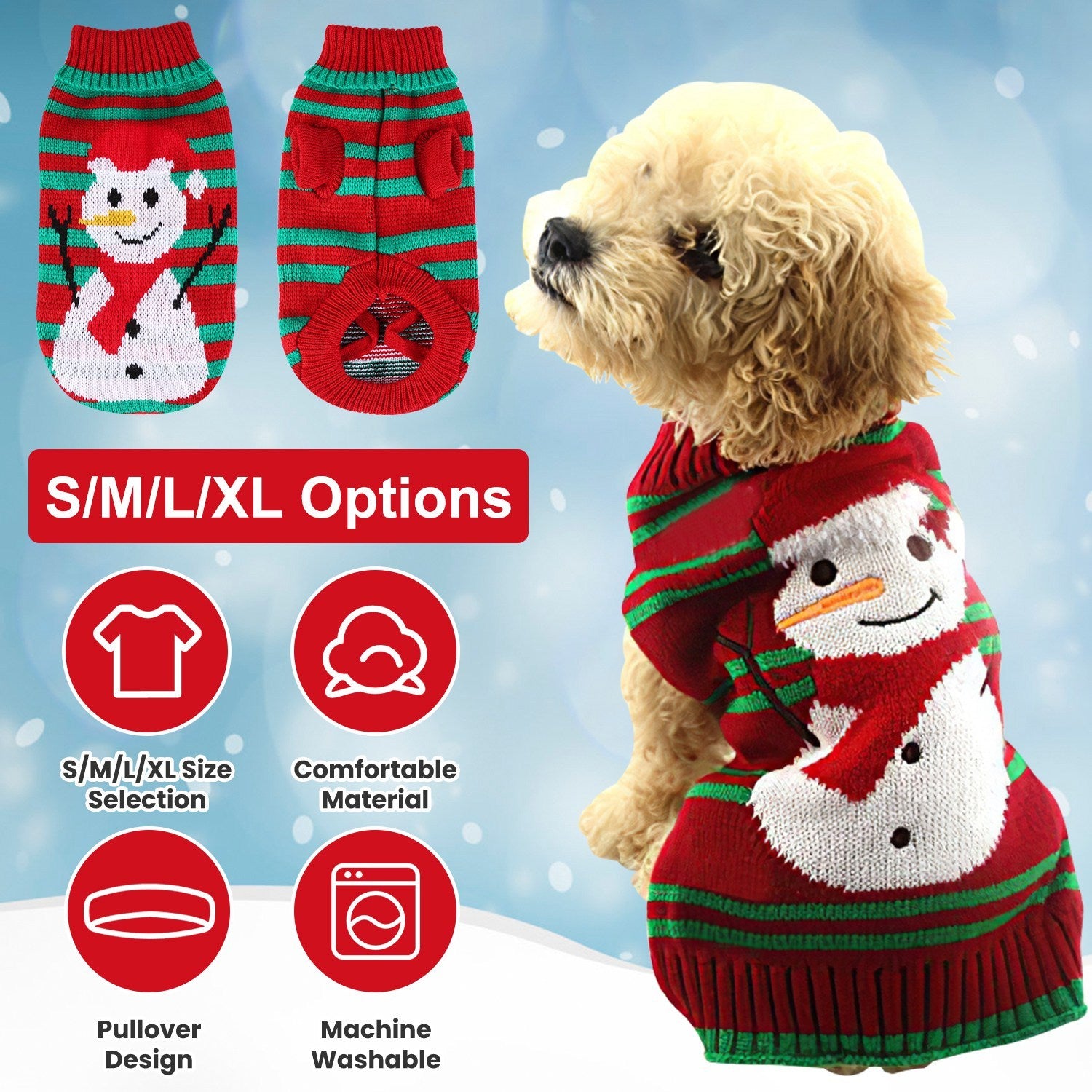 Dog wearing a red and green snowman-themed sweater with size options displayed.